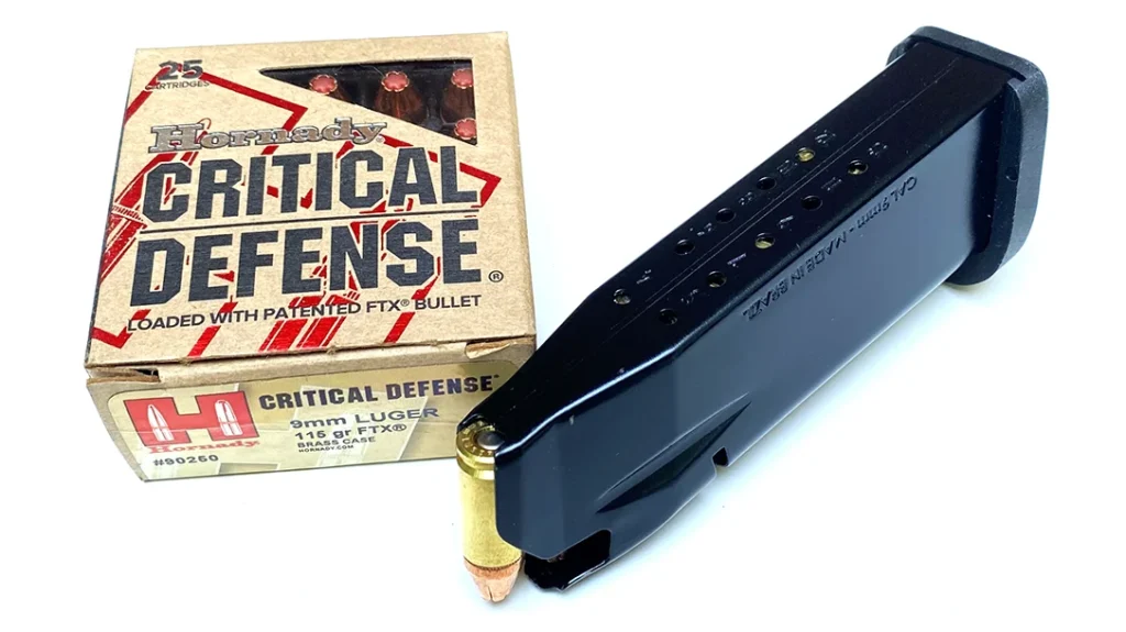 It comes with two 13-round steel-bodied/polymer floorplate magazines that drop freely when the release button is pressed.