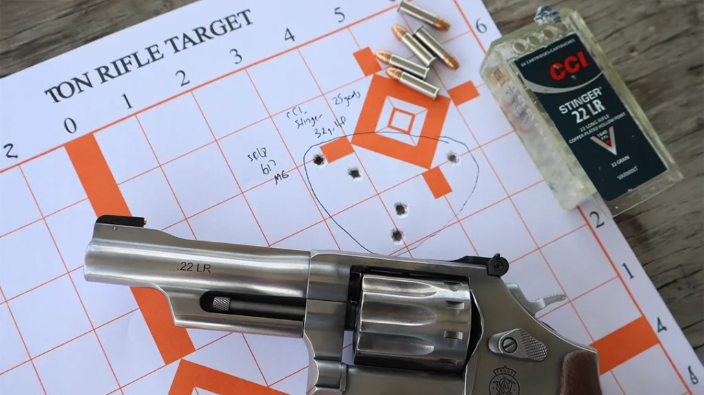 From the Smith & Wesson 617, I could readily turn in 4-inch groups firing single-action from the bench at 25 yards.