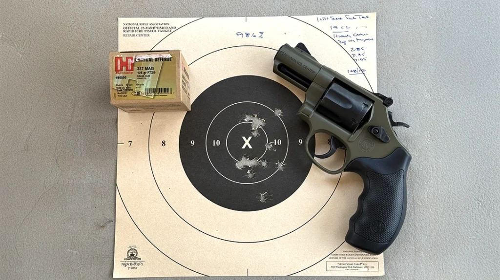 The accuracy groups were fired, off-hand, from 10 yards.