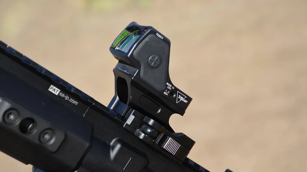 Springfield Armory ships the SAINT Victor 5.56 pistol with folding iron sights. However, the author chose to use a Trijicon RMR HD red dot to test the gun for accuracy.