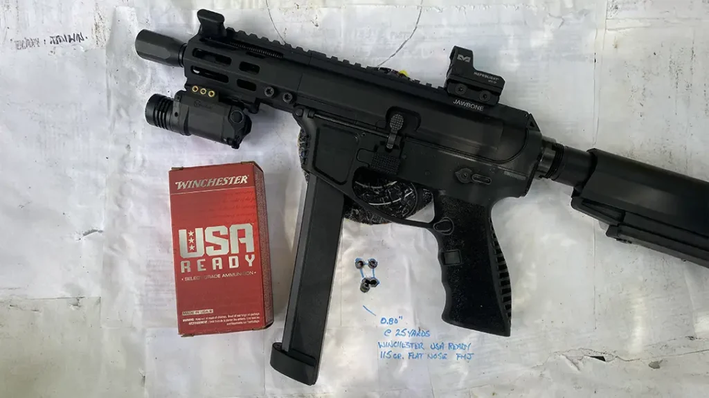 The GForce Arms 9mm Jawbone&rsquo;s factory magazine is an all-polymer body, American-made, 34-round, Amend2.