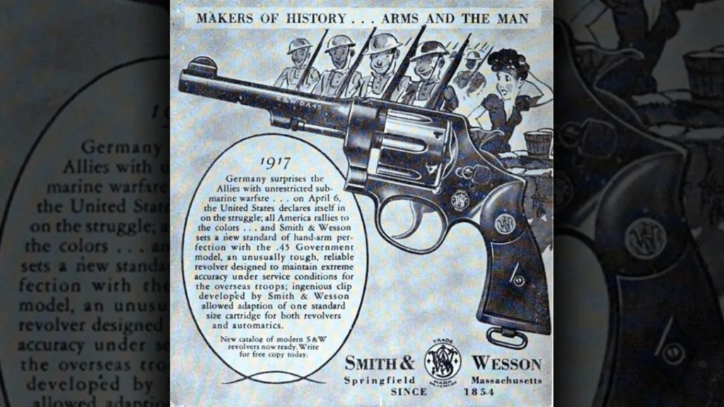Smith & Wesson 1917 ad, featured in Smith & Wesson: The Story of the Revolver by Martin Rywell, circa 1953, pg. 116.