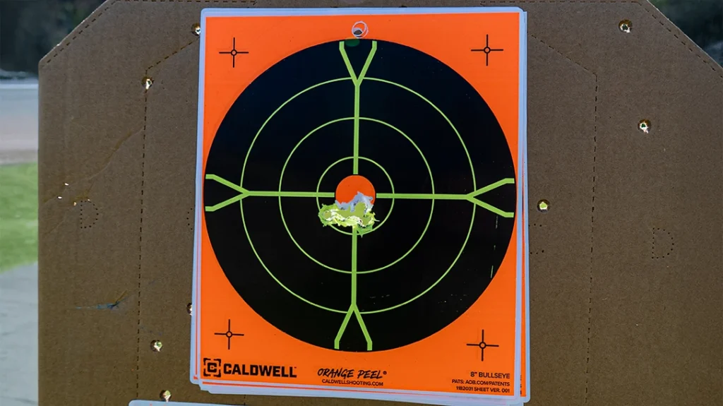 The Fiocchi Defense Dynamics shot the best group of all five loads, just under 1 inch.
