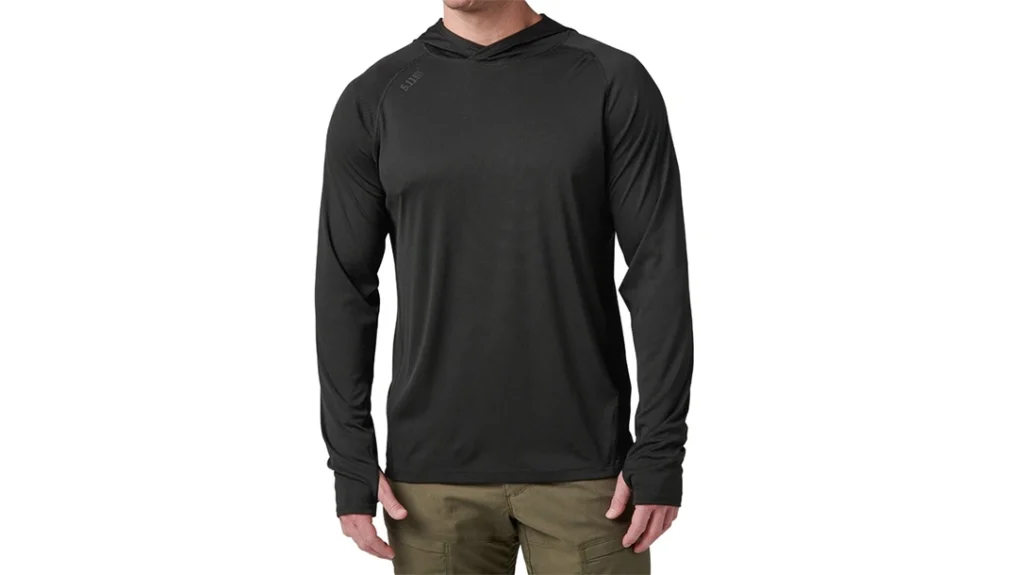 The Sulli UV Hooded Long Sleeve offers UPF 50+ protection, has thumbholes in the sleeves, and a hood.