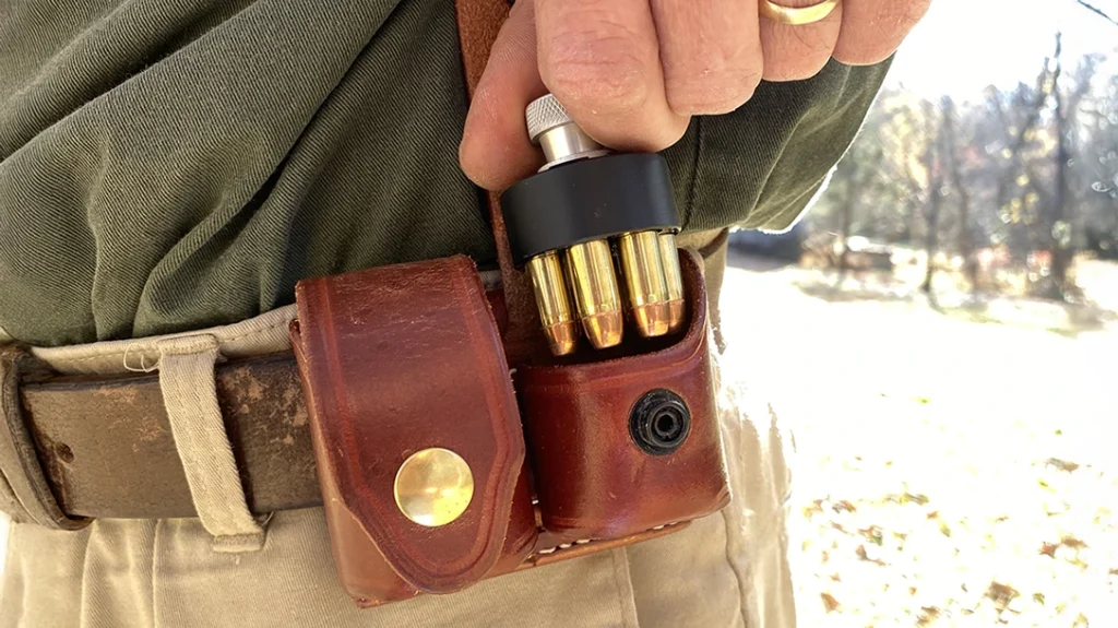 The Triple K #103 Double Speedloader Leather Case (medium size) is a dependable way to keep two full reloads readily accessible.